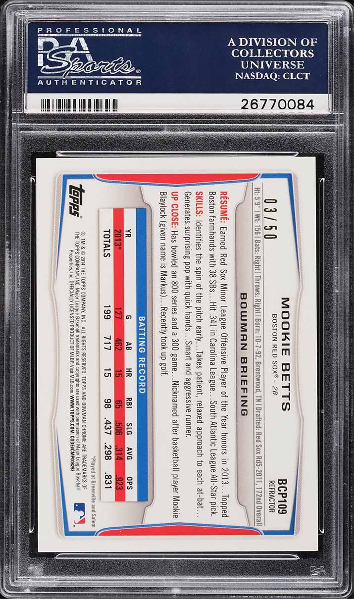 2014 Bowman Chrome Gold Refractor Mookie Betts PROSPECT /50 #BCP109 PSA 10 GEM