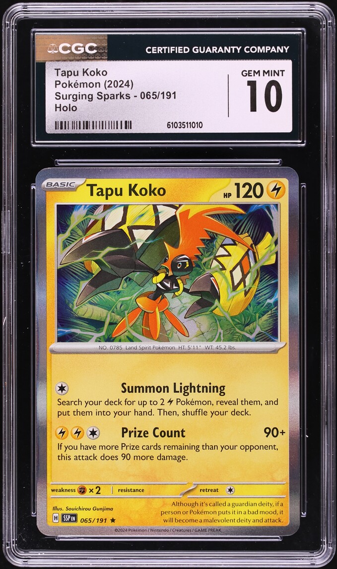 2024 Pokemon Scarlet & Violet Surging Sparks Holo Tapu Koko #65 CGC 10 GEM MINT