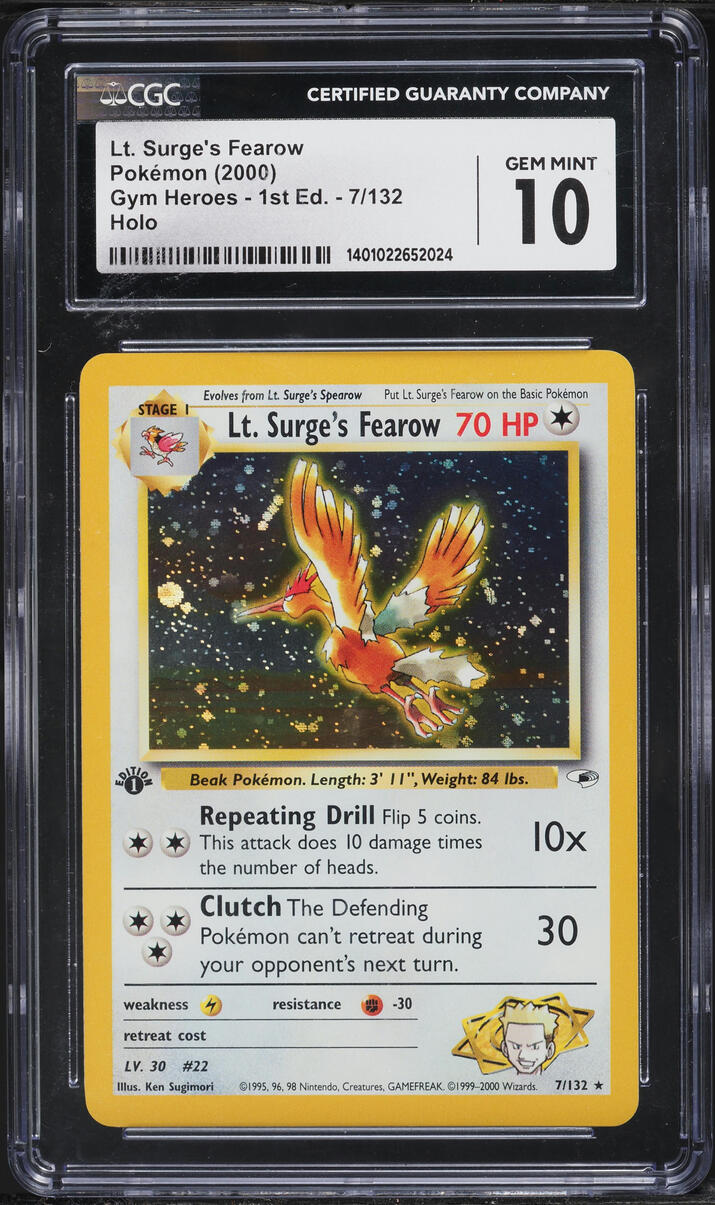 2000 Pokemon Gym Heroes 1st Edition Holo Lt. Surge's Fearow #7 CGC 10 GEM MINT