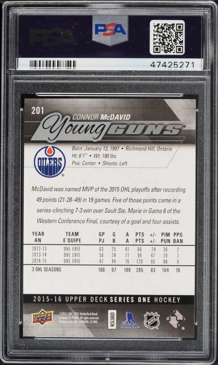 2015 Upper Deck Young Guns Connor McDavid ROOKIE #201 PSA 9 MINT
