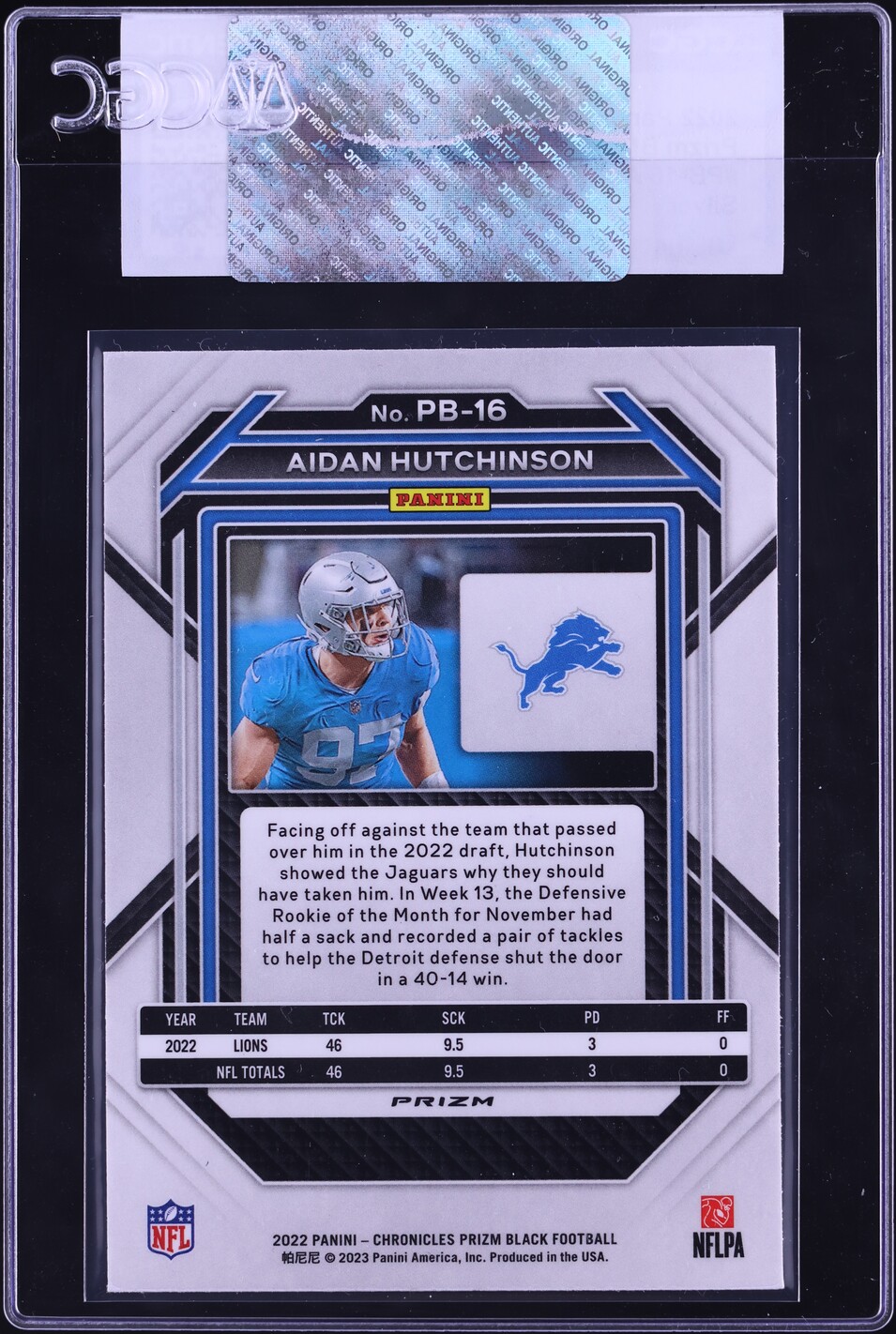 2022 Panini Chronicles Prizm Black Silver Aidan Hutchinson ROOKIE #PB-16 CGC AUTH