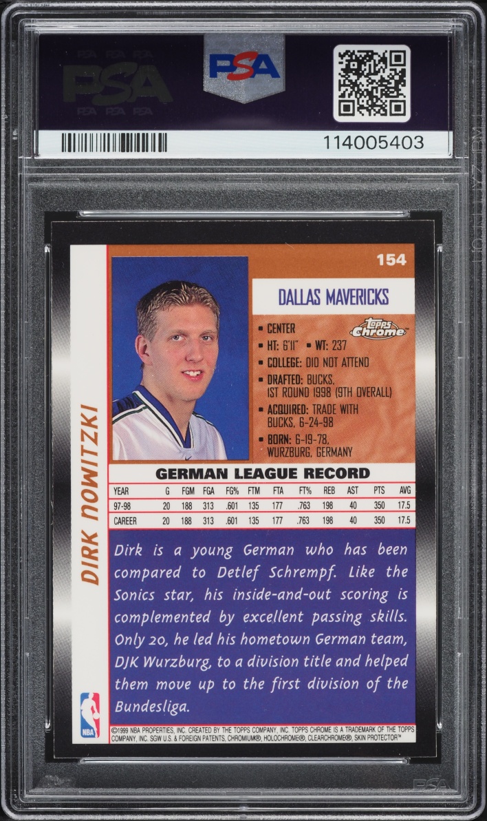 1998 Topps Chrome Dirk Nowitzki ROOKIE #154 PSA 9 MINT