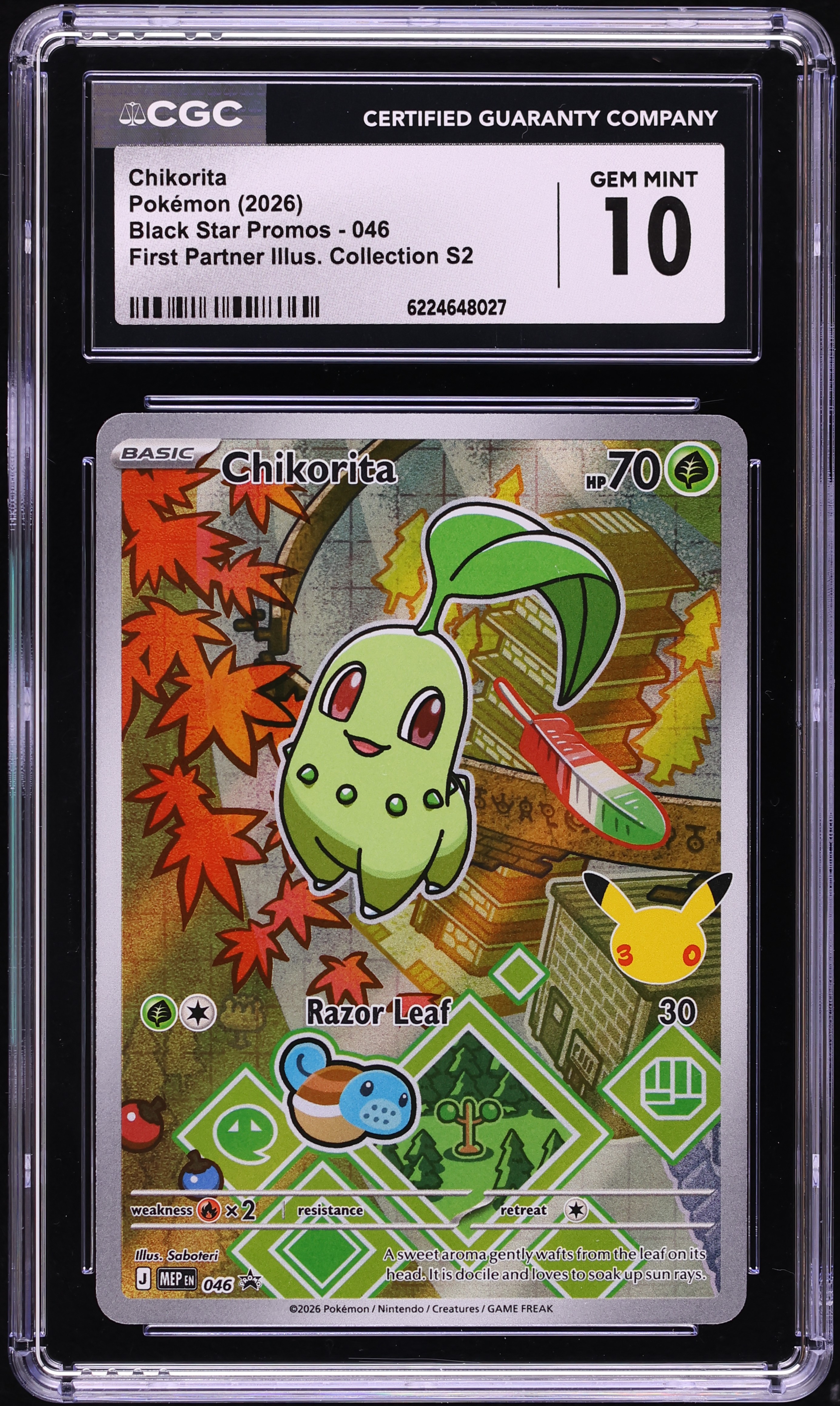 2026 Pokemon Mega Evolution Promo First Partner Illustration S2 Full Art Chikorita #46 CGC 10