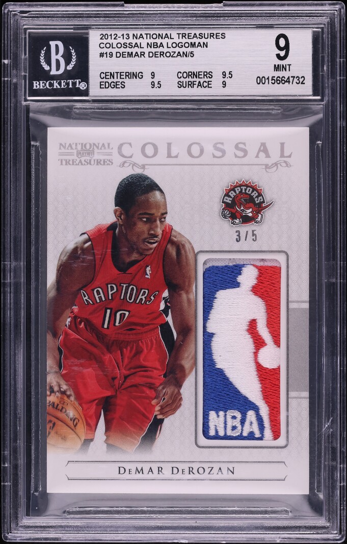 2012 National Treasures Colossal Demar Derozan NBA LOGOMAN PATCH /5 #19 BGS 9