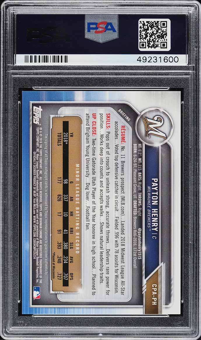 2019 Bowman Chrome Blue Refractor Payton Henry PROSPECT AUTO /150 #CPA-PH PSA 8 NM-MT