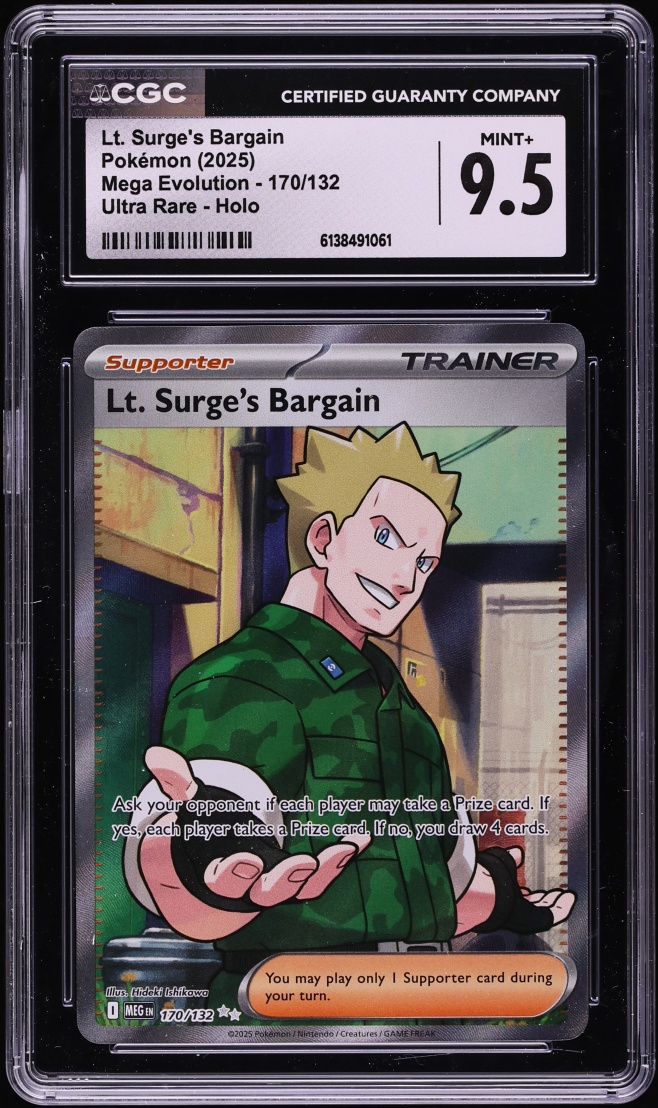 2025 Pokemon Mega Evolution Full Art Lt. Surge's Bargain #170 CGC 9.5 MINT+