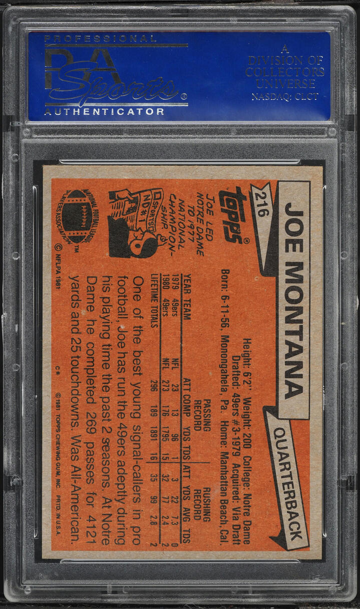 1981 Topps Football Joe Montana ROOKIE #216 PSA 8(oc) NM-MT