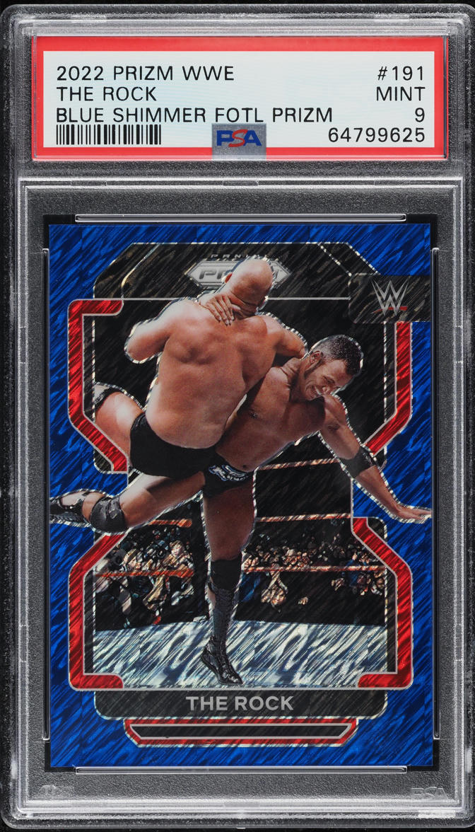 2022 Panini Prizm WWE Blue Shimmer FOTL The Rock 1/10 #191 PSA 9 MINT