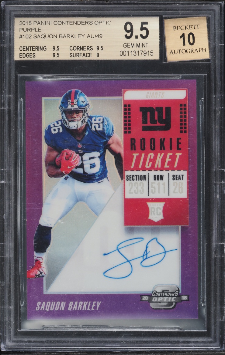 2018 Panini Contenders Optic Purple Prizm Saquon Barkley ROOKIE AUTO /49 #102 BGS 9.5 GEM MINT