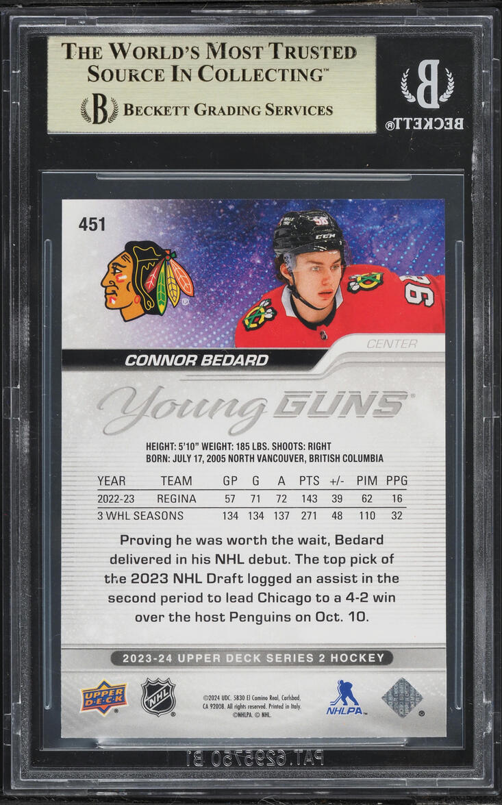 2023 Upper Deck Young Guns Outburst Silver Connor Bedard ROOKIE #451 BGS 10 PRISTINE