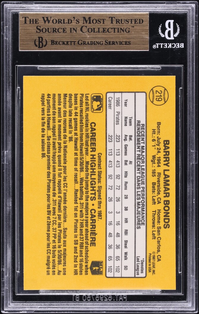 1987 Leaf Barry Bonds ROOKIE #219 BGS 9.5 GEM MINT