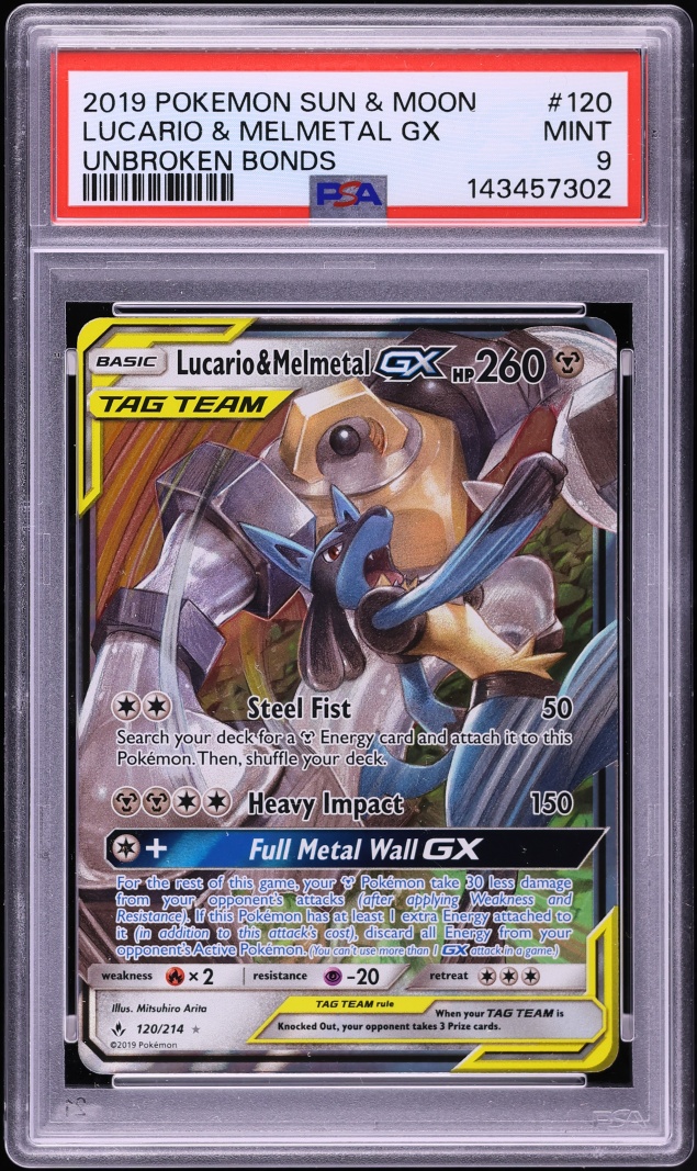 2019 Pokemon Sun & Moon Unbroken Bonds Lucario & Melmetal GX #120 PSA 9 MINT