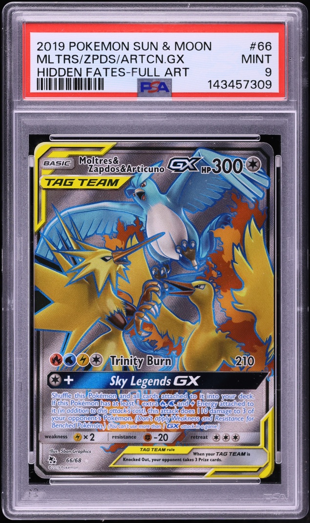 2019 Pokemon Sun & Moon Hidden Fates Full Art Moltres Zapdos Articuno GX #66 PSA 9 MINT