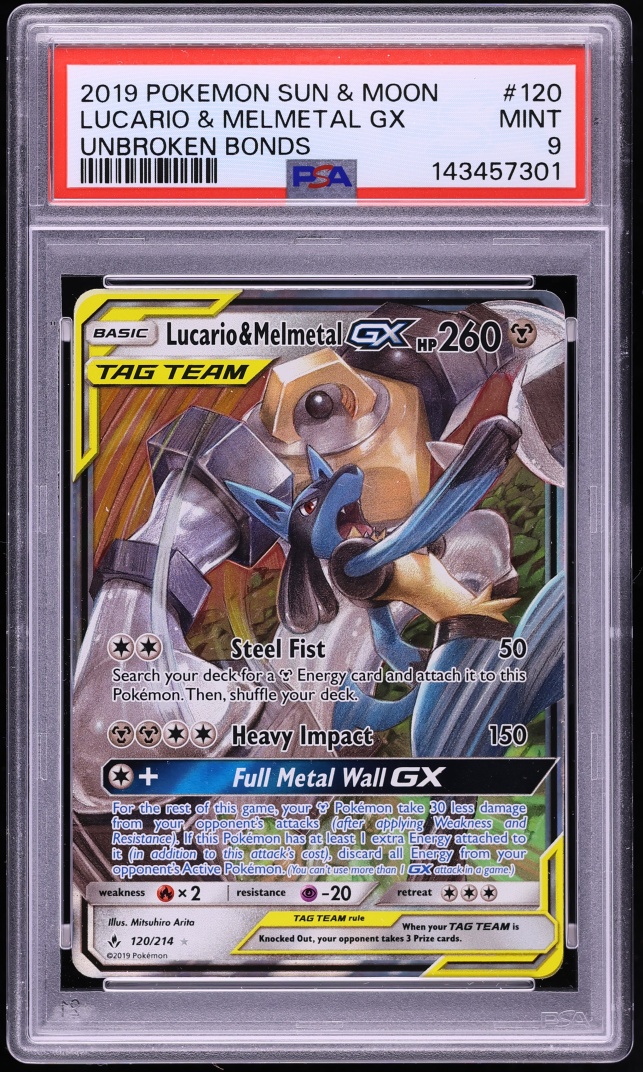 2019 Pokemon Sun & Moon Unbroken Bonds Lucario & Melmetal GX #120 PSA 9 MINT