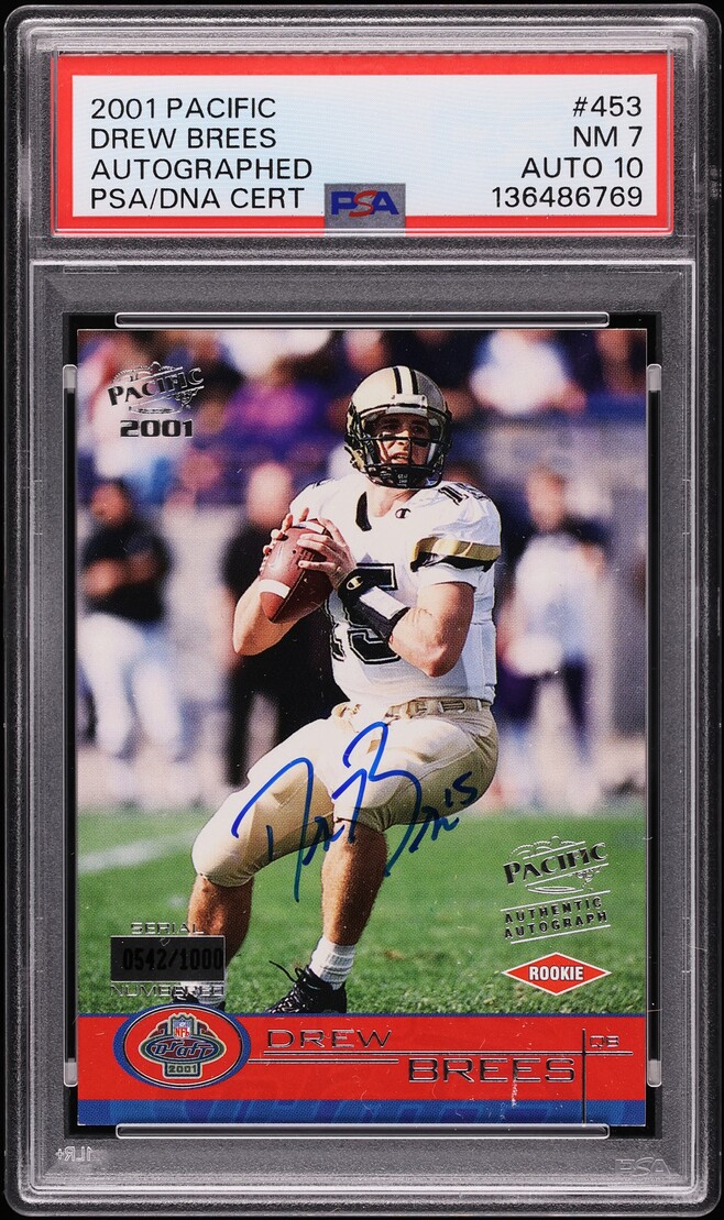 2001 Pacific Football Drew Brees ROOKIE AUTO DNA 10 /1000 #453 PSA 7 NRMT