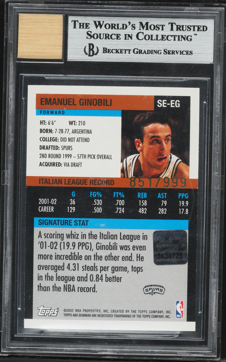 2002 Bowman Signature Edition Manu Ginobili ROOKIE AUTO /999 #SE-EG BGS 9 MINT