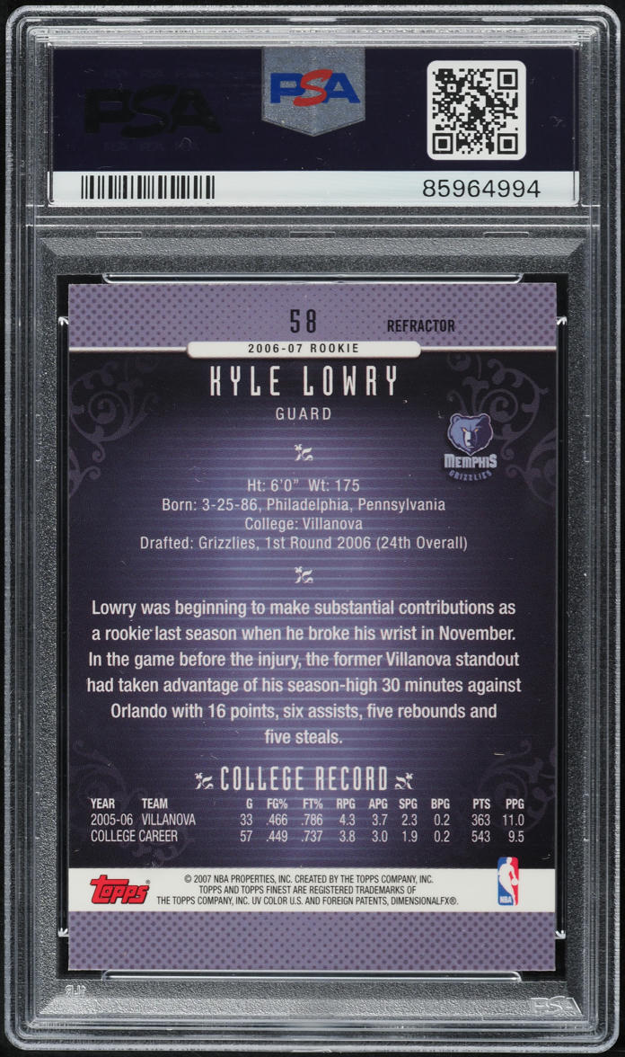 2006 Finest Refractor Kyle Lowry ROOKIE #58 PSA 10 GEM MINT
