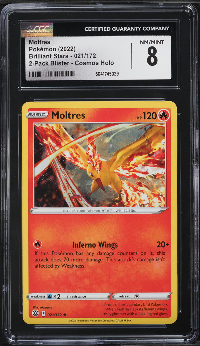 2022 Pokemon SWSH Brilliant Stars 2-Pack Blister Cosmos Holo Moltres #021 CGC 8 NM-MT