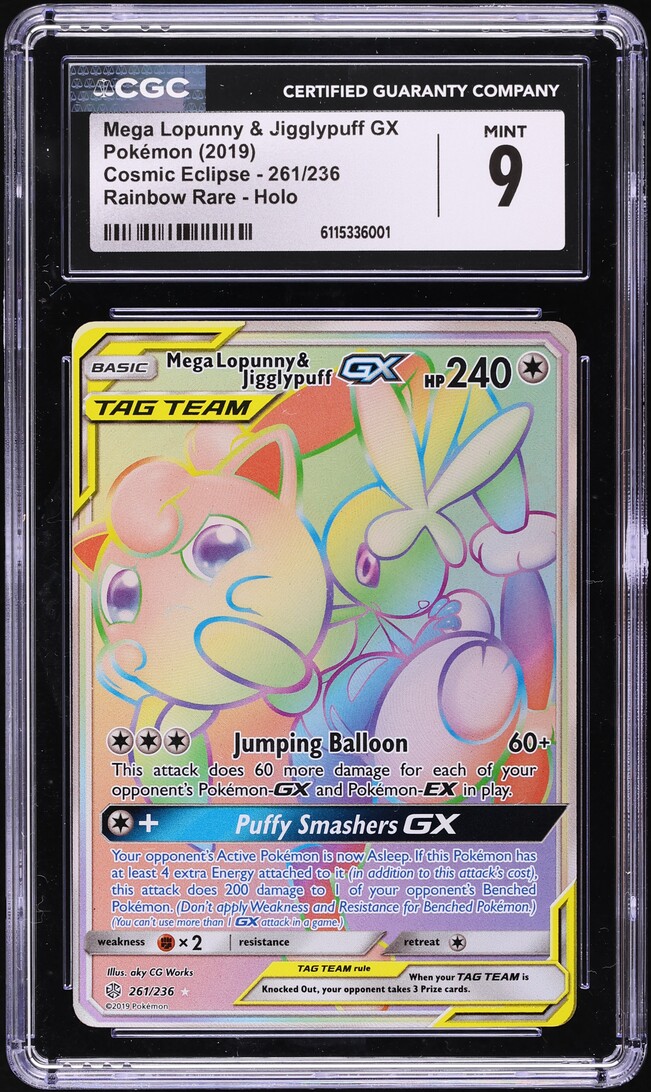 2019 Pokemon SM Cosmic Eclipse Rainbow Rare Mega Lopunny & Jigglypuff GX #261 CGC 9 MINT