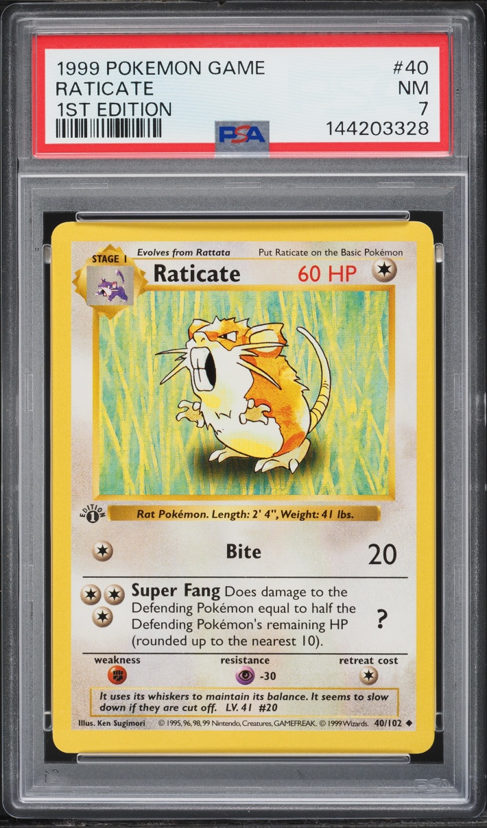 1999 Pokemon Base Set Holo Shadowless 1st Edition Raticate #40 PSA 7 NRMT