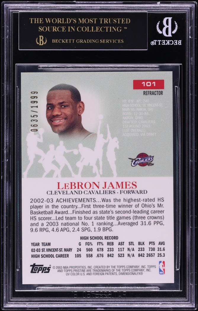 2003 Topps Pristine Refractor LeBron James ROOKIE /1999 #101 BGS 10 PRISTINE, BLACK LABEL