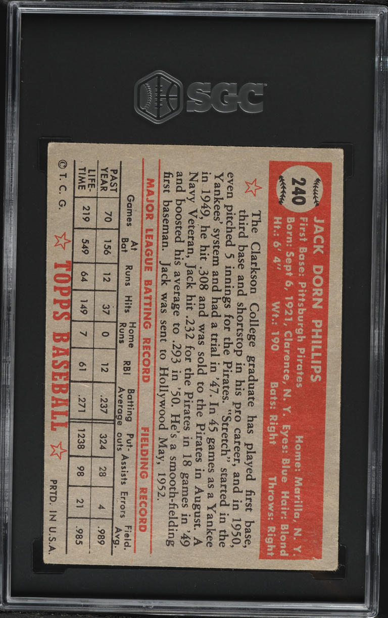 1952 Topps Jack Phillips #240 SGC 4 VGEX