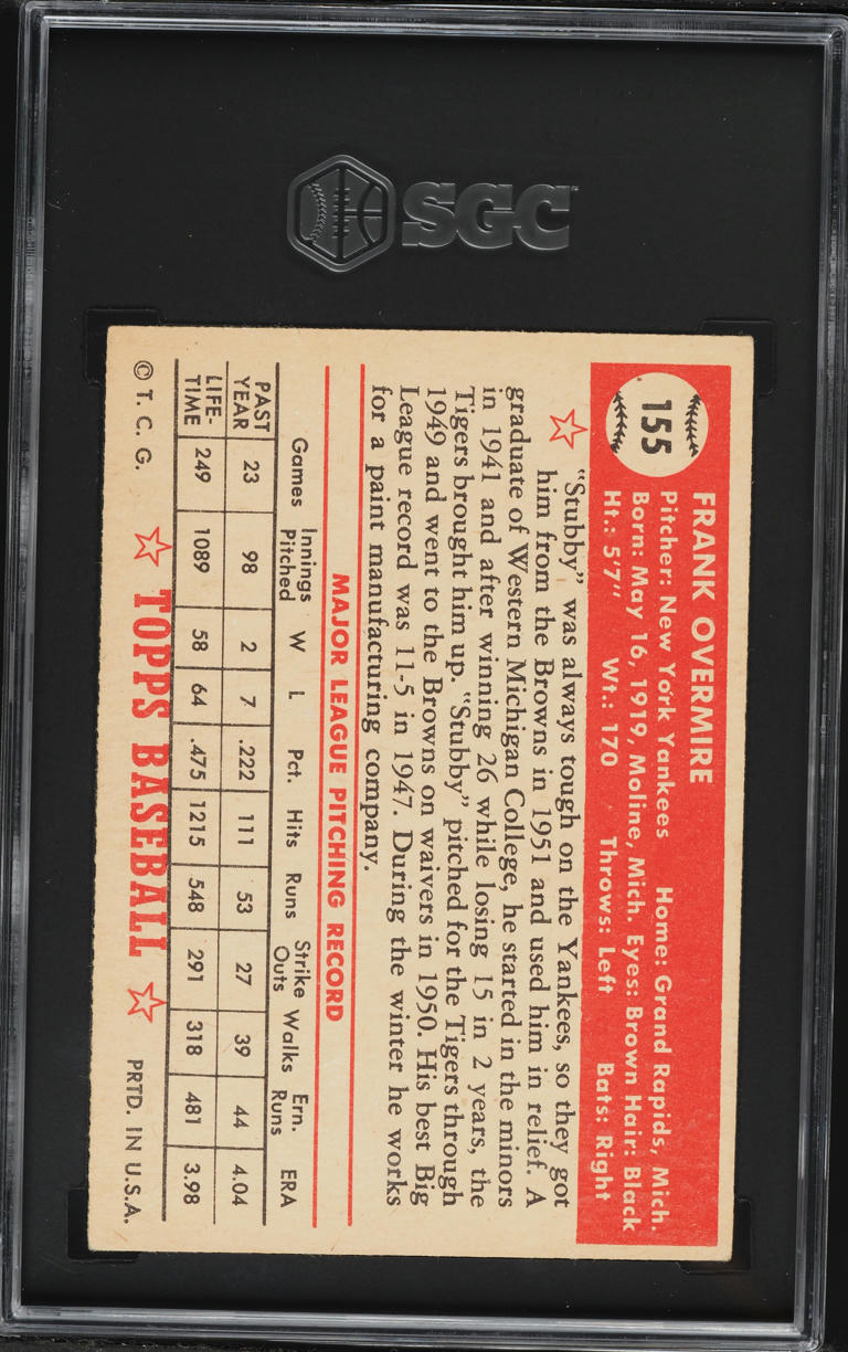 1952 Topps Frank Overmire #155 SGC 4.5 VGEX+