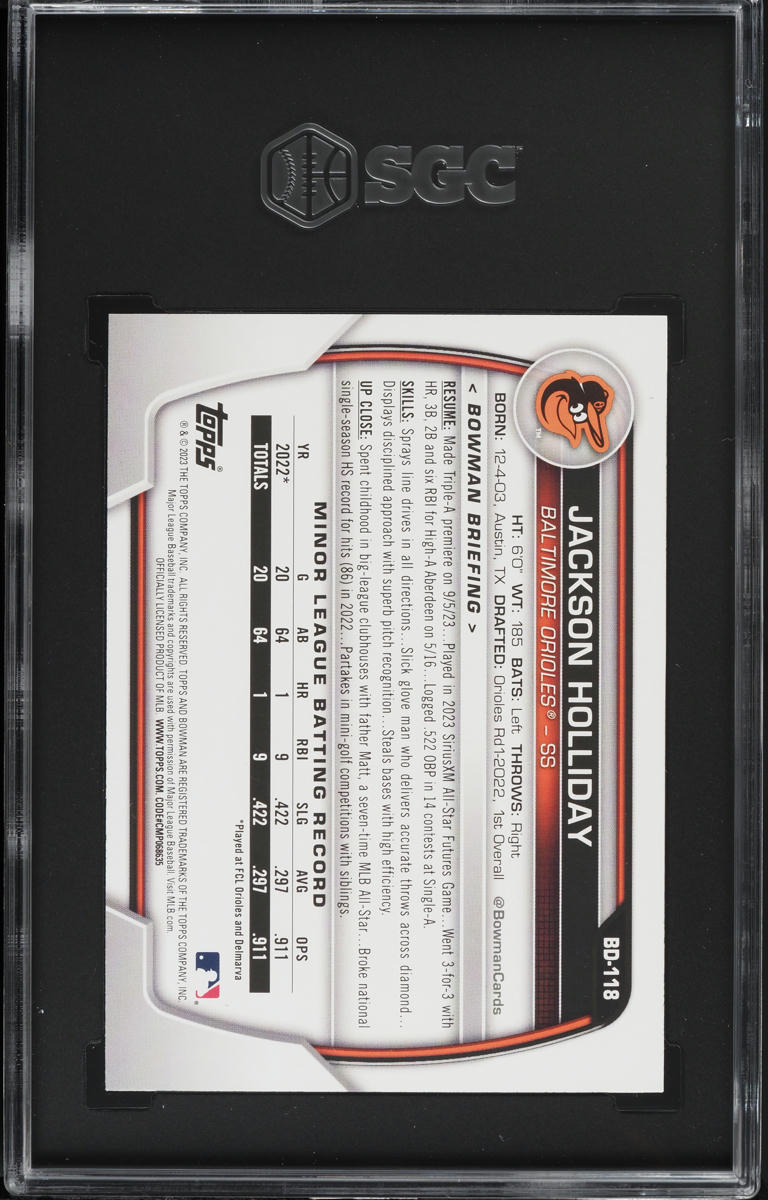 2023 Bowman Draft Jackson Holliday PROSPECT #BD-118 SGC 9.5 MINT+