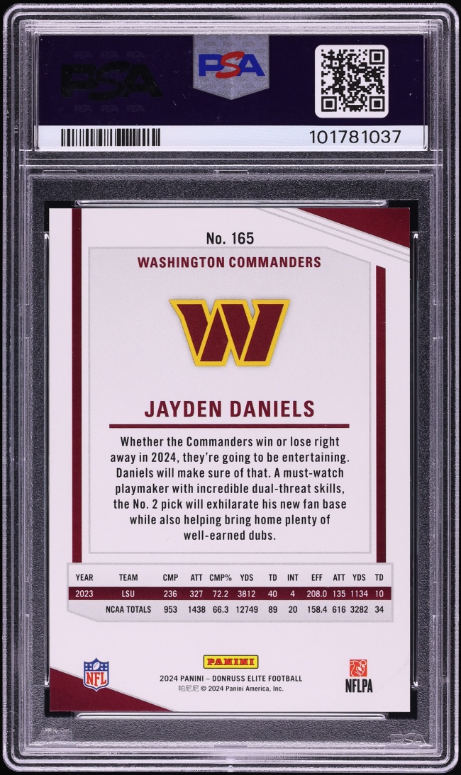 2024 Donruss Elite Jayden Daniels ROOKIE 1/1 #165 PSA 9 MINT - Photo 2