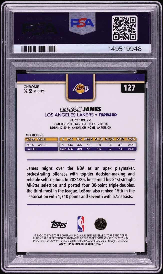 2025 Topps Chrome Black Pulsar LeBron James /10 #127 PSA 10 GEM MINT - Photo 2