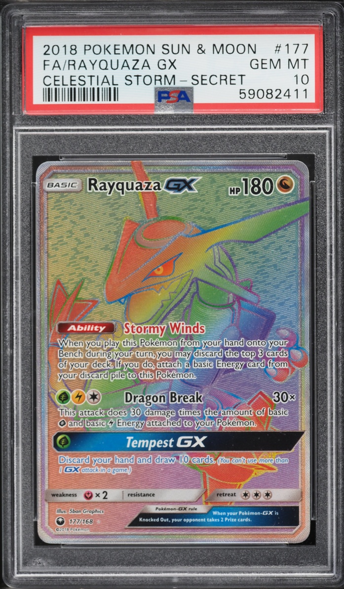2018 Pokemon Sun & Moon Celestial Storm Rainbow Rare Rayquaza GX #177 PSA 10 GEM MINT