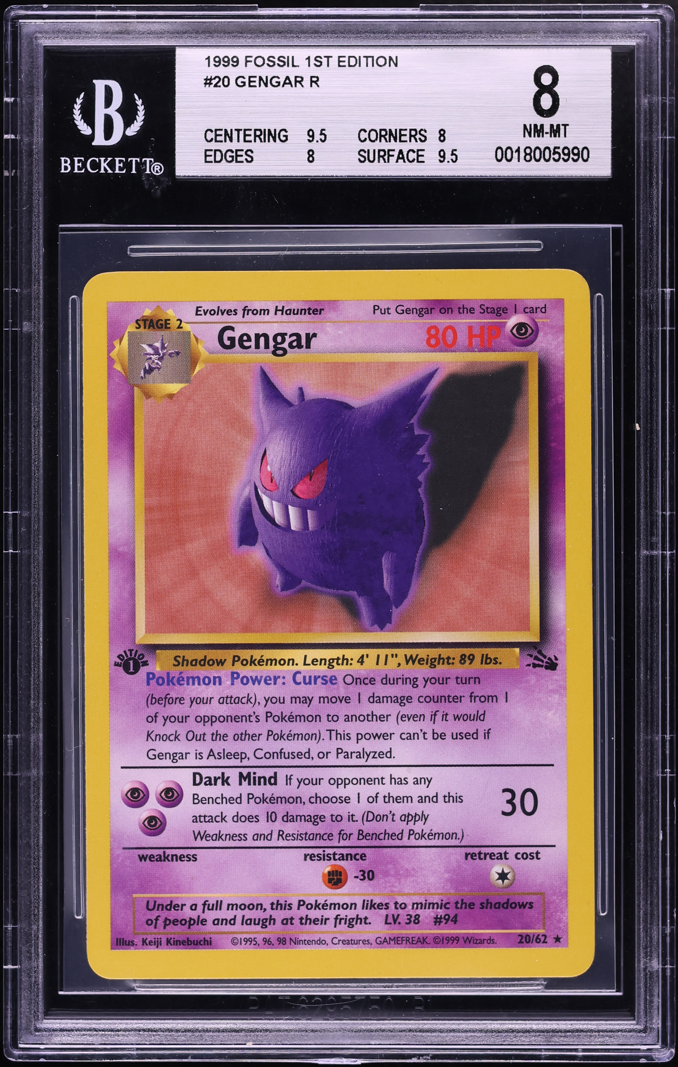 1999 Pokemon Fossil 1st Edition Gengar #20 BGS 8 NM-MT
