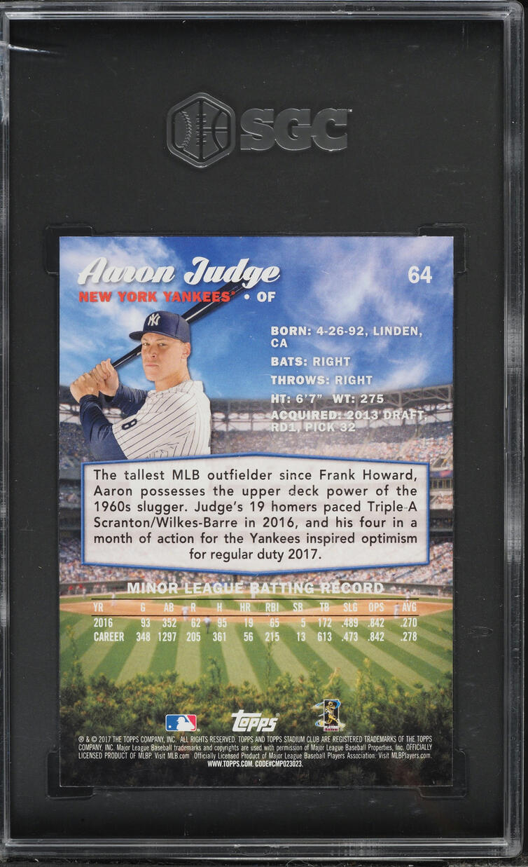 2017 Stadium Club Aaron Judge ROOKIE #64 SGC 10 GEM MINT