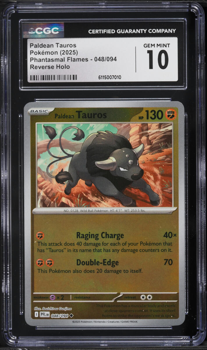 2025 Pokemon Phantasmal Flames Reverse Holo Paldean Tauros #048 CGC 10 GEM MINT
