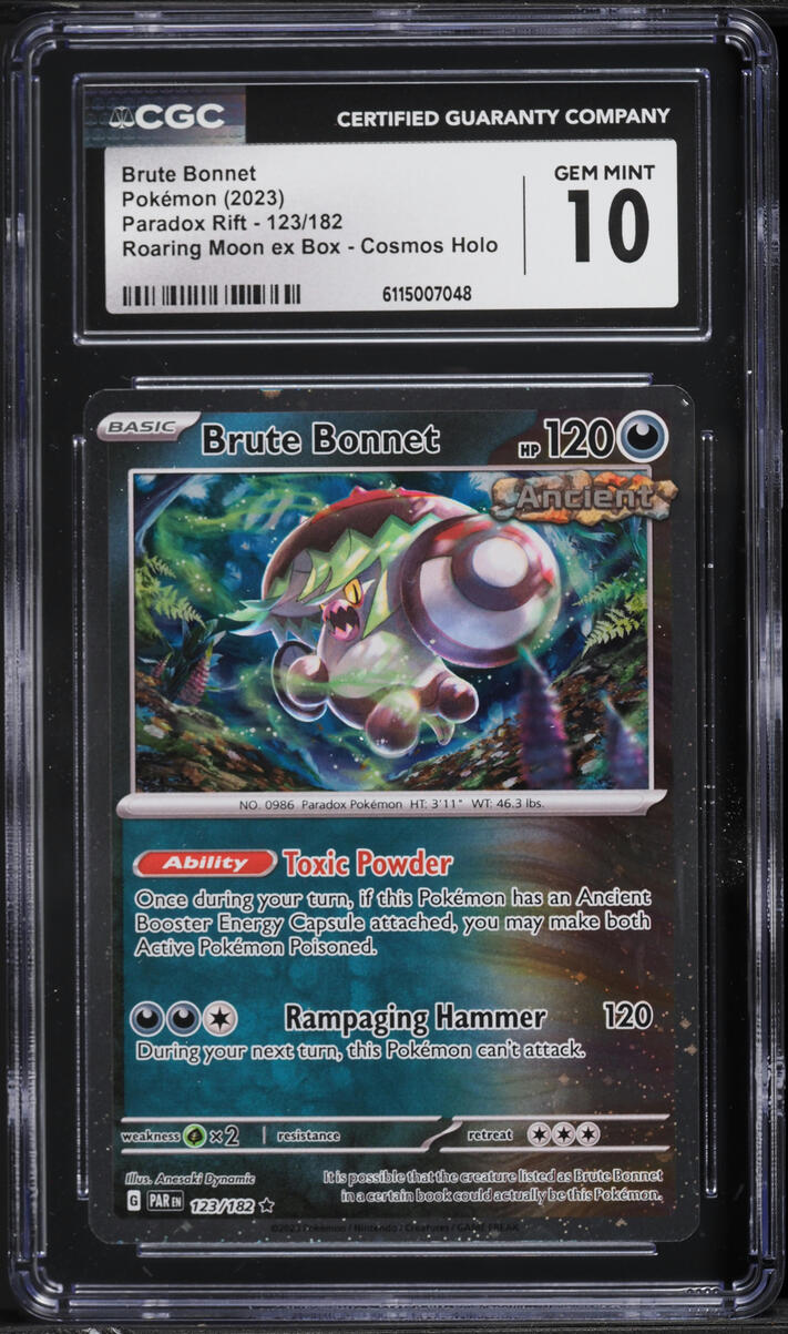 2023 Pokemon SV Paradox Rift Roaring Moon ex Box Cosmos Holo Brute Bonnet #123 CGC 10 GEM MINT