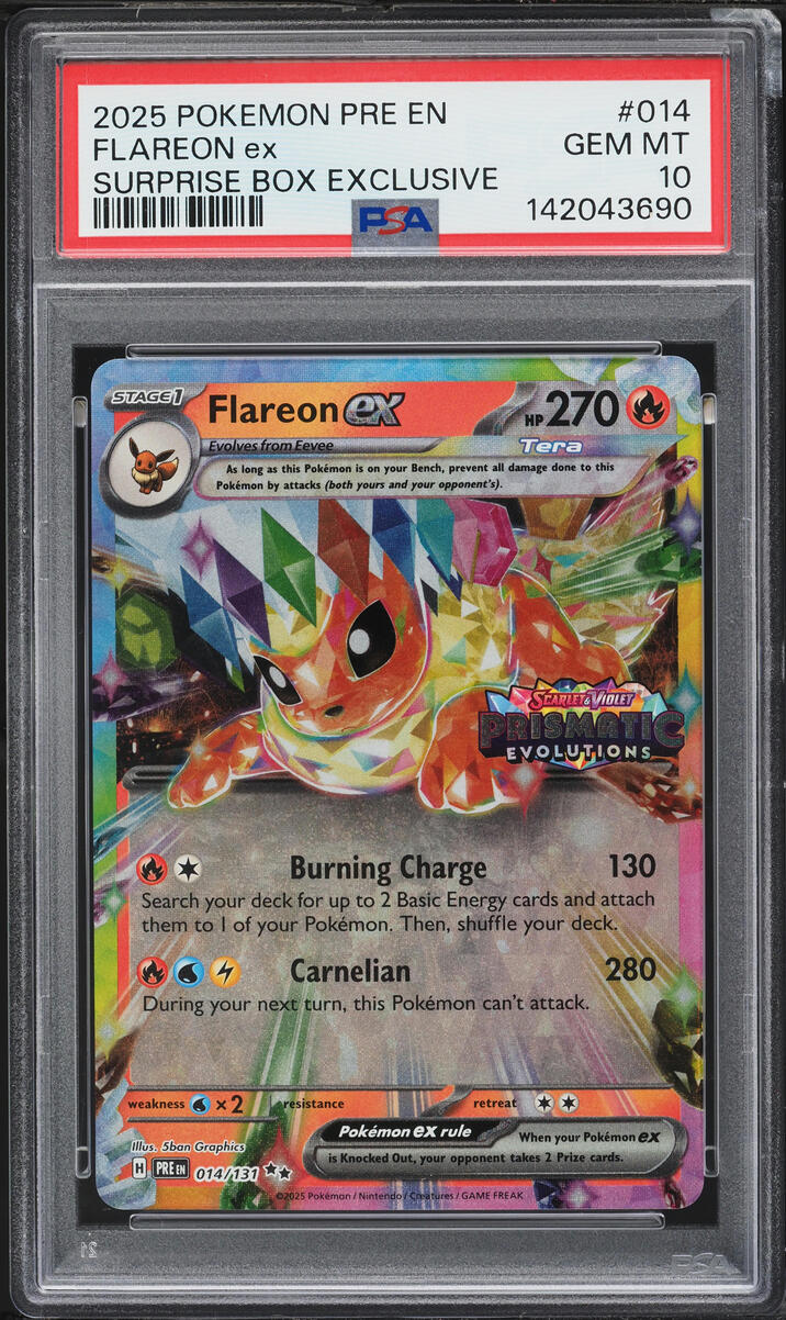 2025 Pokemon Scarlet & Violet Prismatic Evolutions Surprise Box Holo Flareon ex #14 PSA 10 GEM
