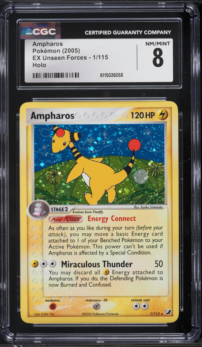 2005 Pokemon EX Unseen Forces Holo Ampharos #1 CGC 8 NM-MT