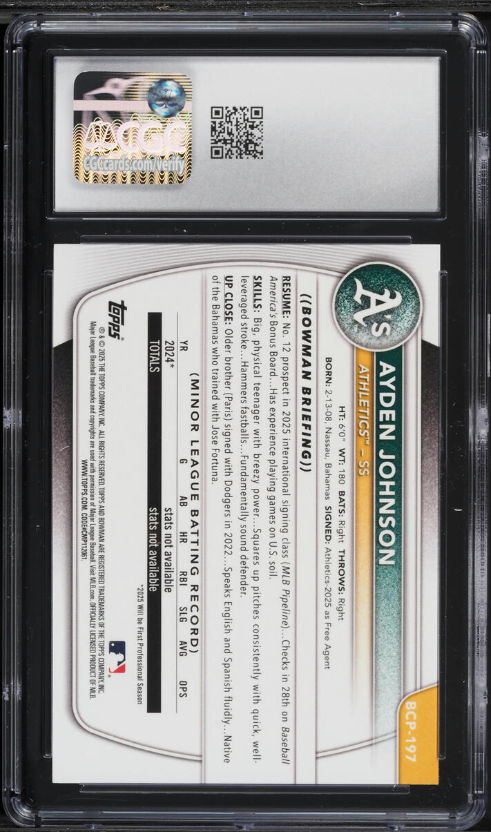 2025 Bowman Chrome Ayden Johnson PROSPECT #BCP-197 CGC 10 GEM MINT
