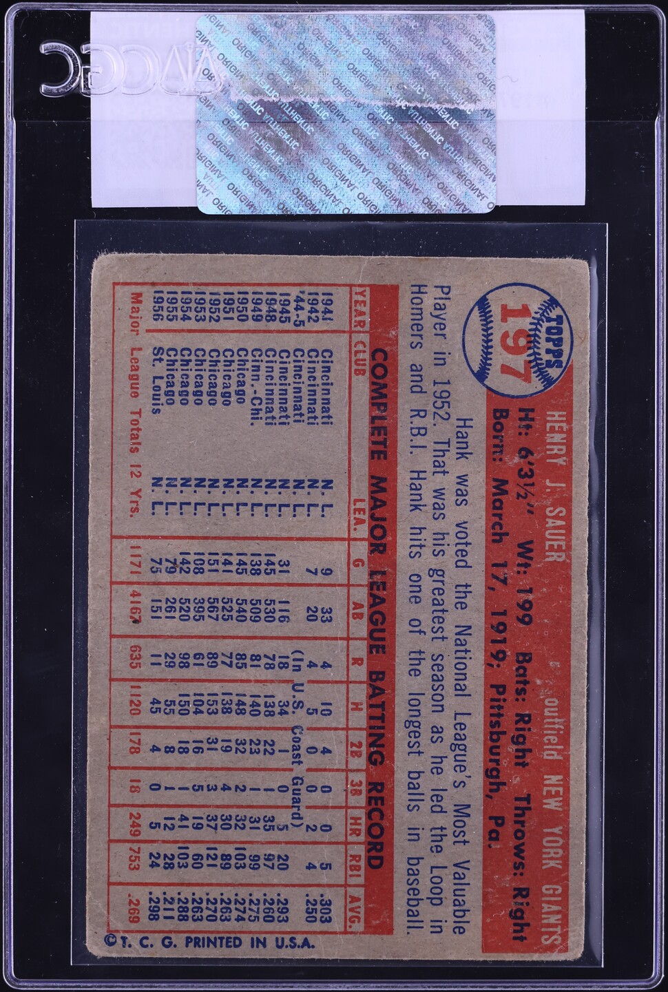 1957 Topps Hank Sauer #197 CGC AUTH