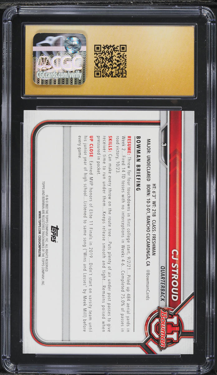 2022 Bowman University CJ Stroud ROOKIE #3 CGC 10 PRISTINE
