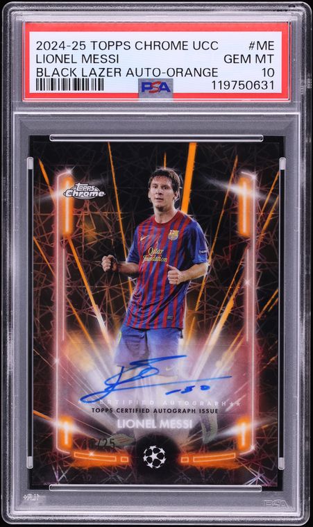 2024 Topps Chrome UCC Black Lazer Orange Lionel Messi AUTO JERSEY # 10/25 #BLA-ME PSA 10 GEM