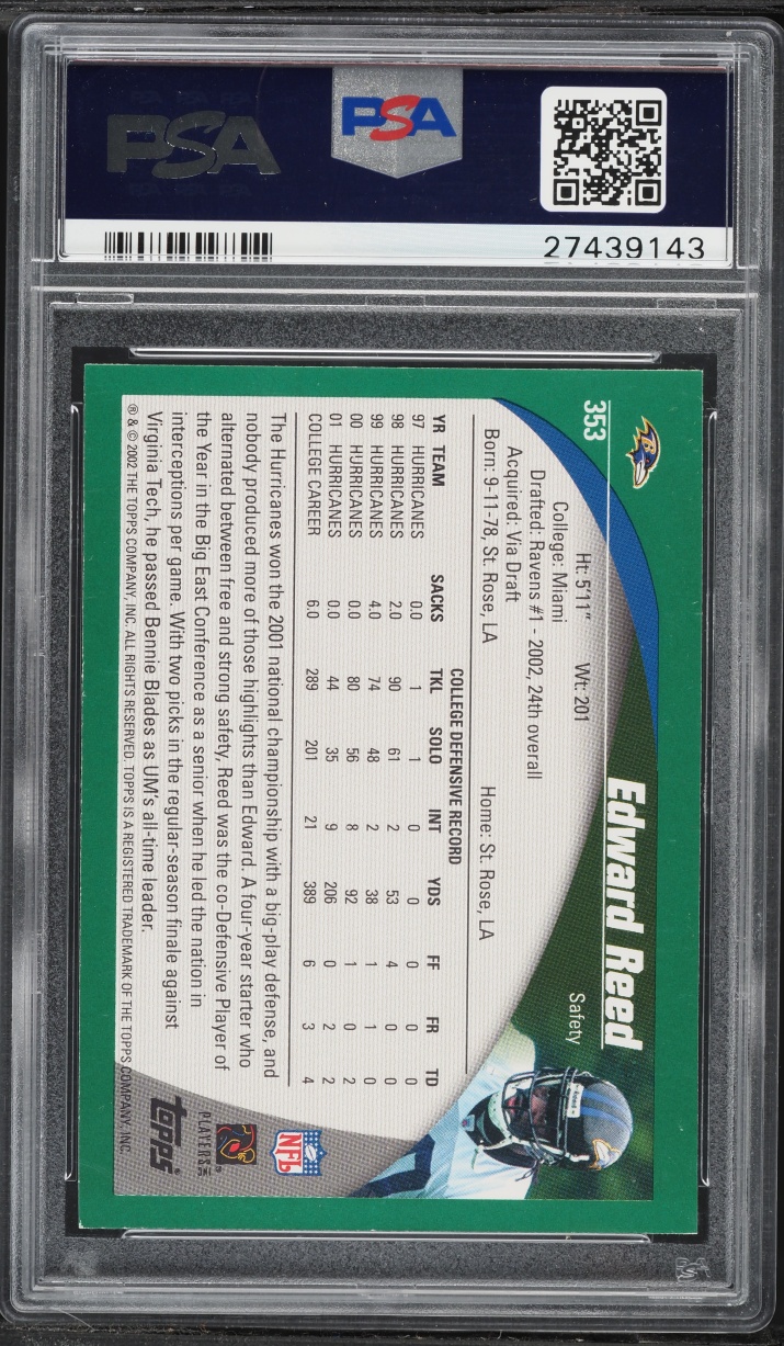 2002 Topps Football Ed Reed ROOKIE #353 PSA 9 MINT