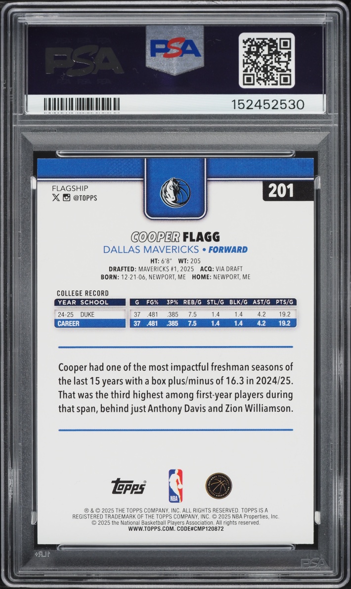 2025 Topps Basketball Cooper Flagg ROOKIE #201 PSA 10 GEM MINT