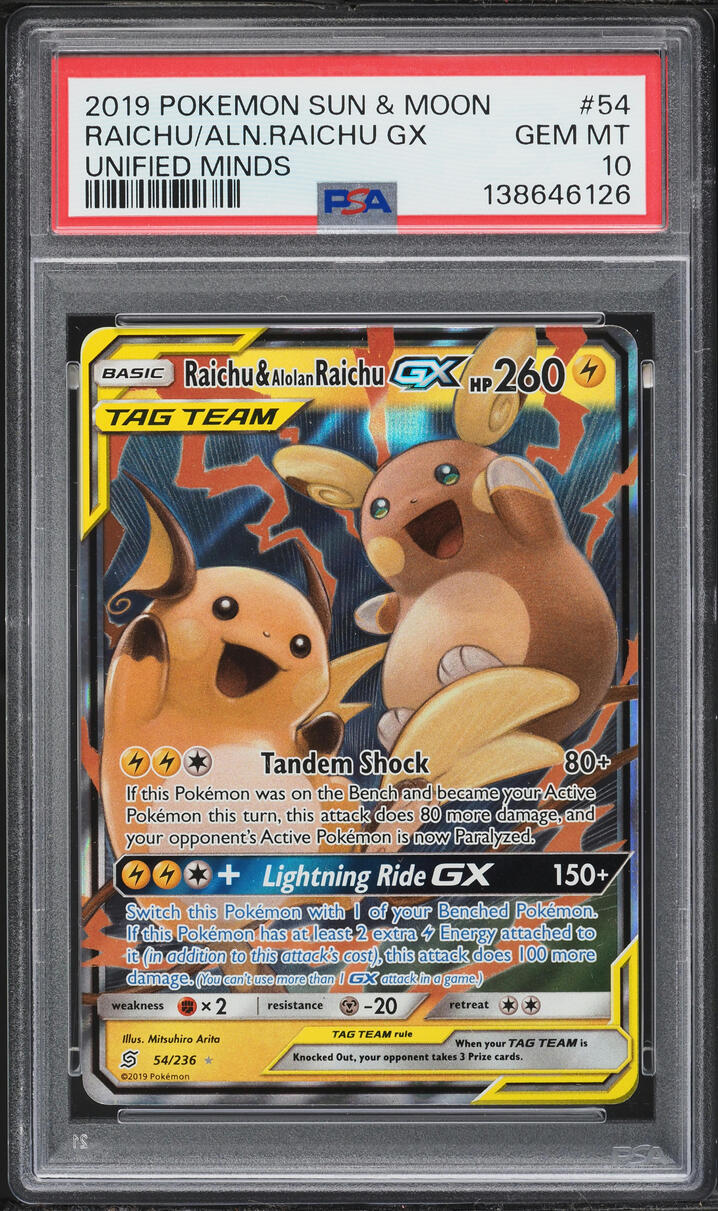 2019 Pokemon Sun & Moon Unified Minds Holo Raichu & Alolan Raichu GX #54 PSA 10 GEM MINT