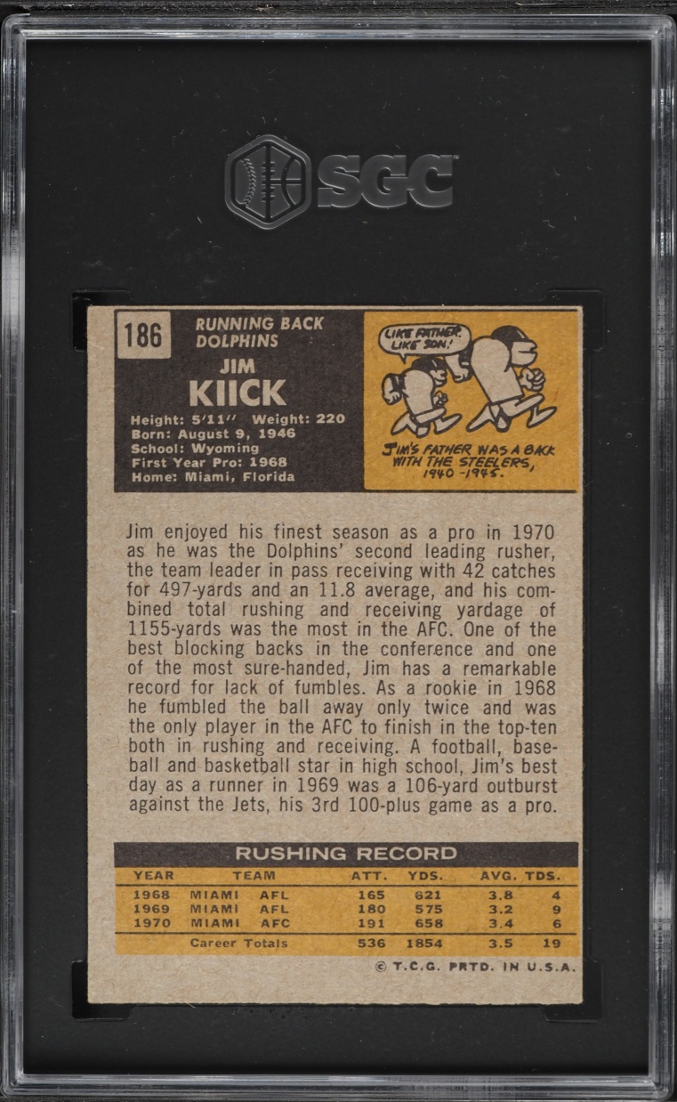 1971 Topps Football Jim Kiick #186 SGC 5 EX