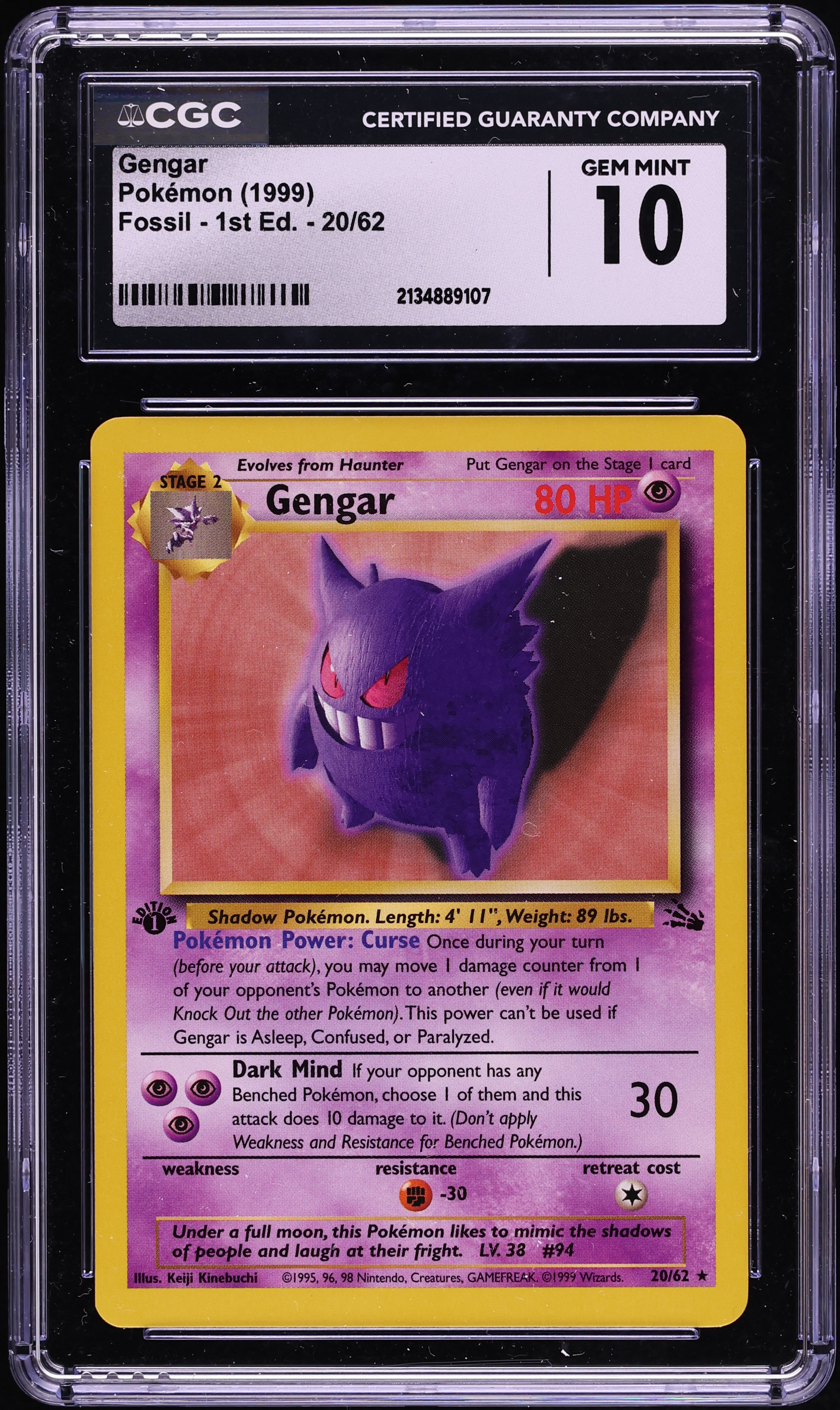 1999 Pokemon Fossil 1st Edition Gengar #20 CGC 10 GEM MINT