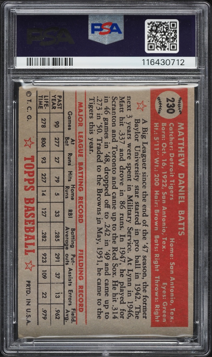 1952 Topps Matt Batts #230 PSA 3 VG