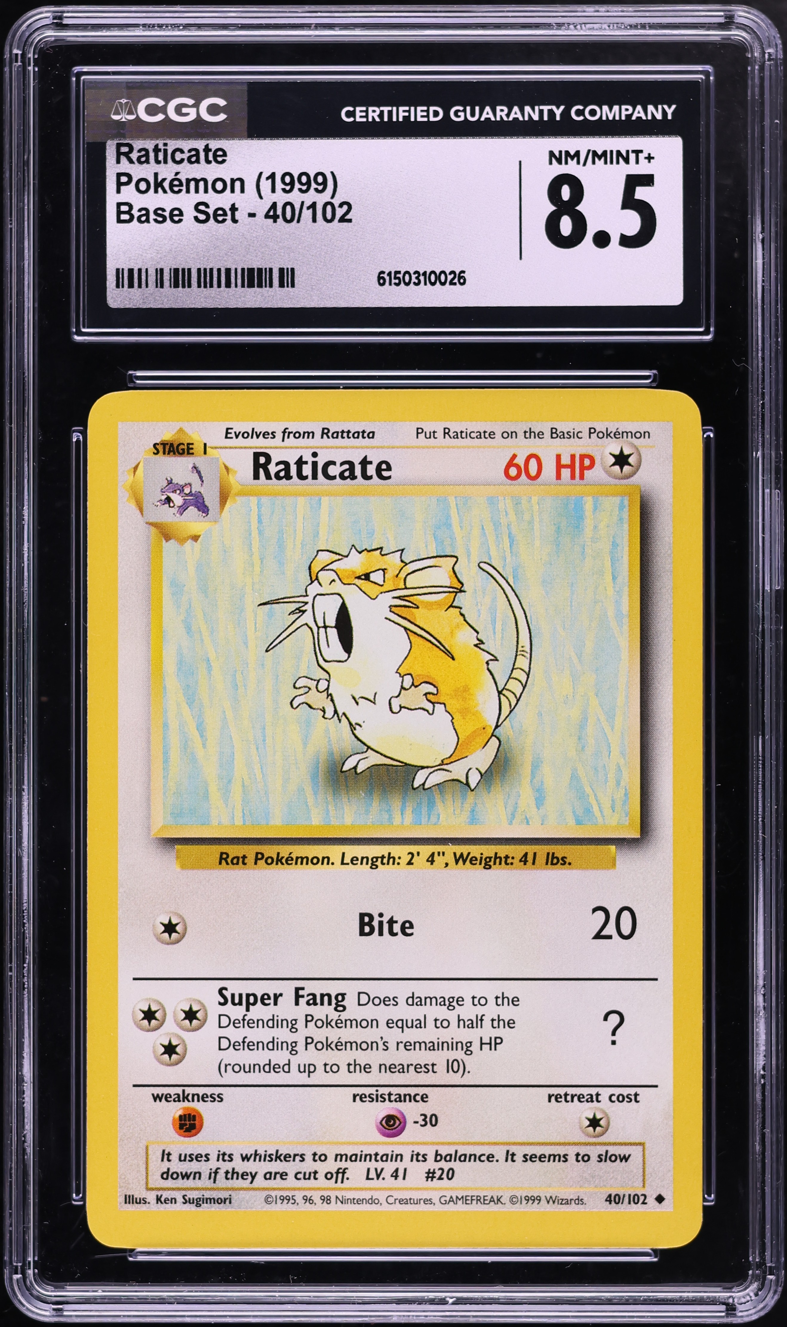 1999 Pokemon Base Set Raticate #40 CGC 8.5 NM-MT+