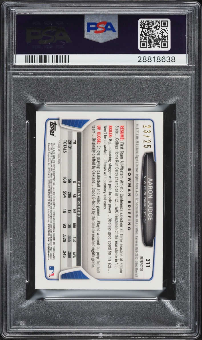 2013 Bowman Chrome Mini Black Refractor Aaron Judge PROSPECT /25 #311 PSA 10 GEM MINT