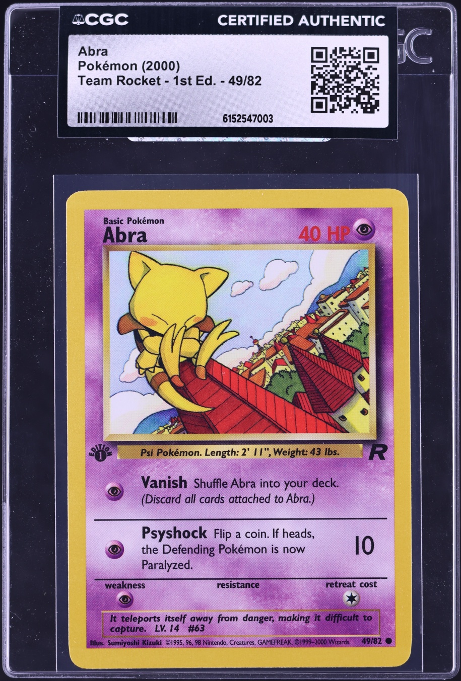 2000 Pokemon Team Rocket 1st Edition Abra #49 CGC AUTH